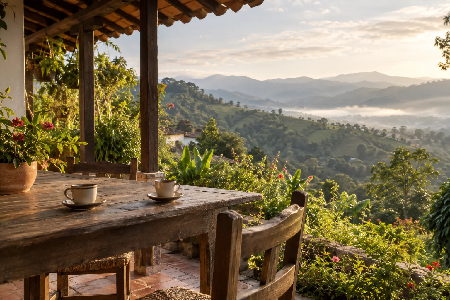 Referencia visual conceptual de una terraza rural con vista a montañas; no es una fotografía de Finca Hotel Recitales.